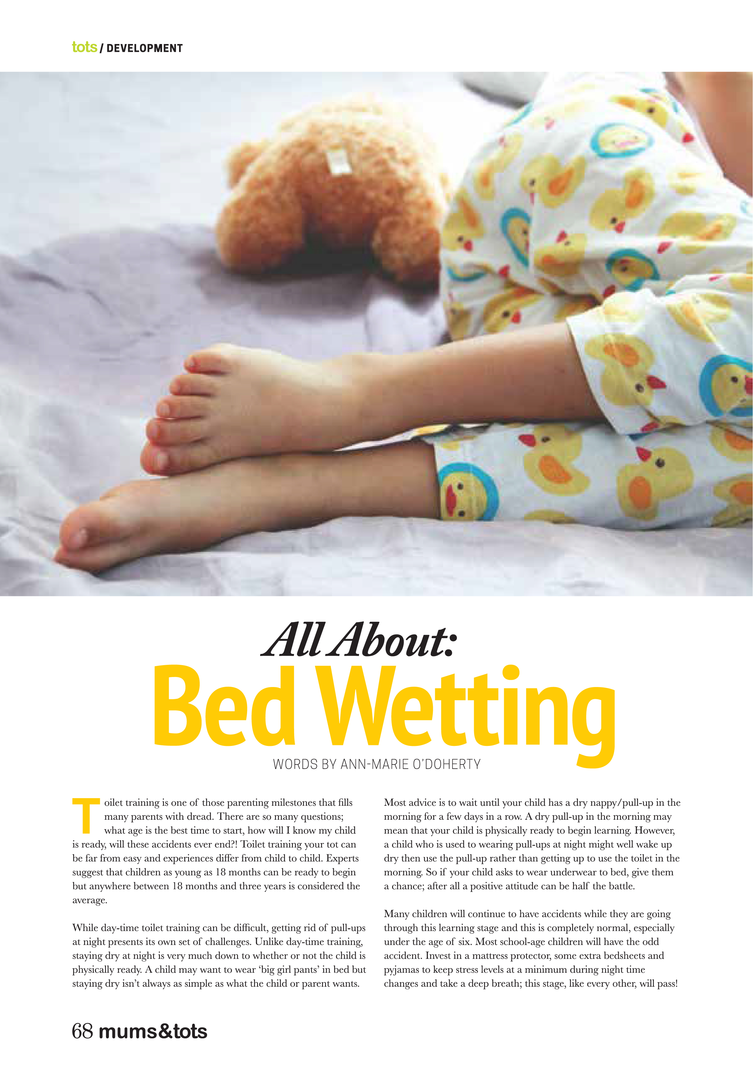 Depiction of an article published in Ireland, mums&tots magazine, discussing bedwetting and recommending the Wet-Stop alarm to cure bedwetting.