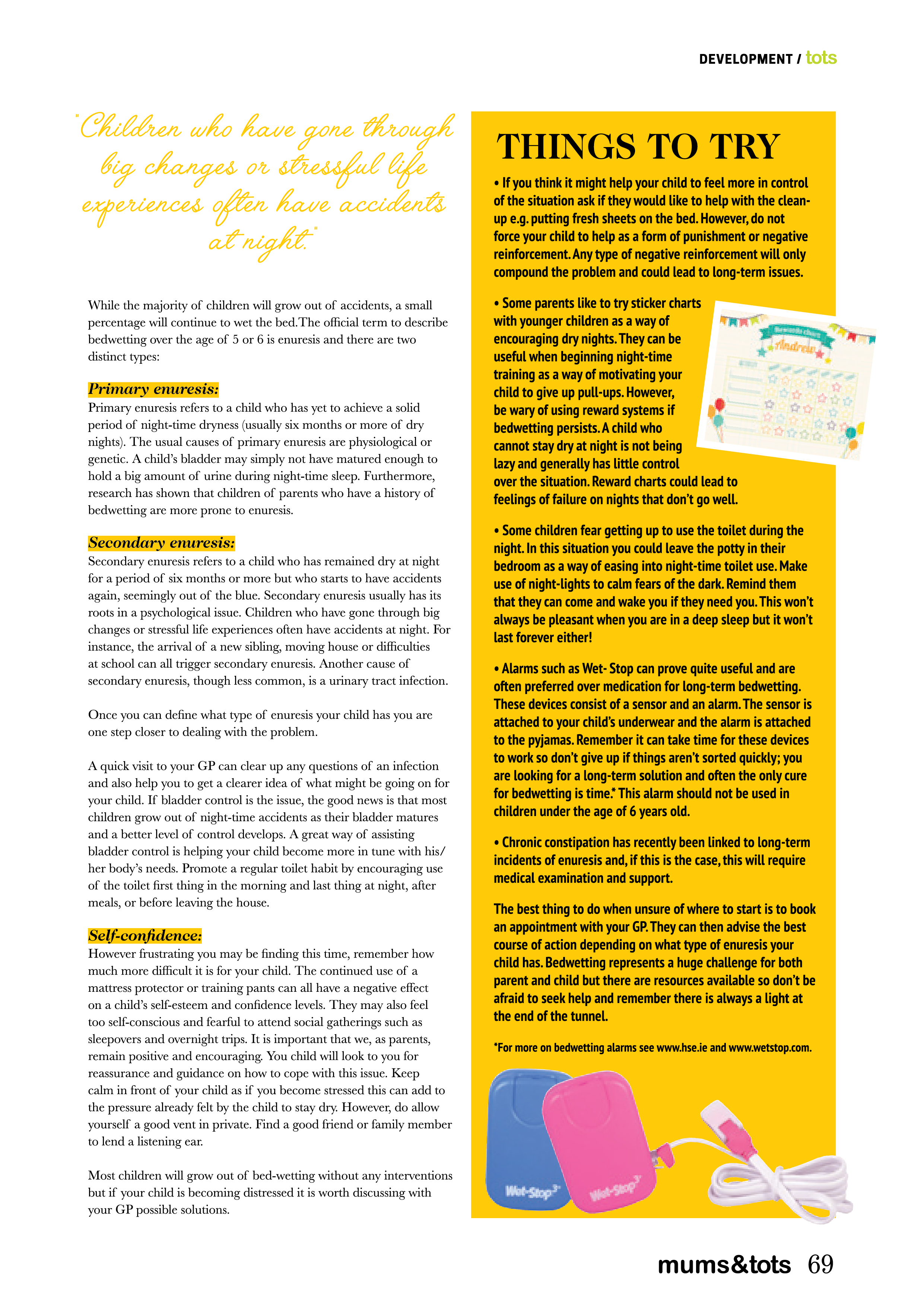 Depiction of an article published in Ireland, mums&tots magazine, discussing bedwetting and recommending the Wet-Stop alarm to cure bedwetting.