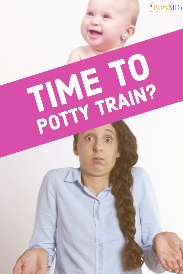 Title illustration with a baby and a puzzled mom - is it time to potty train?